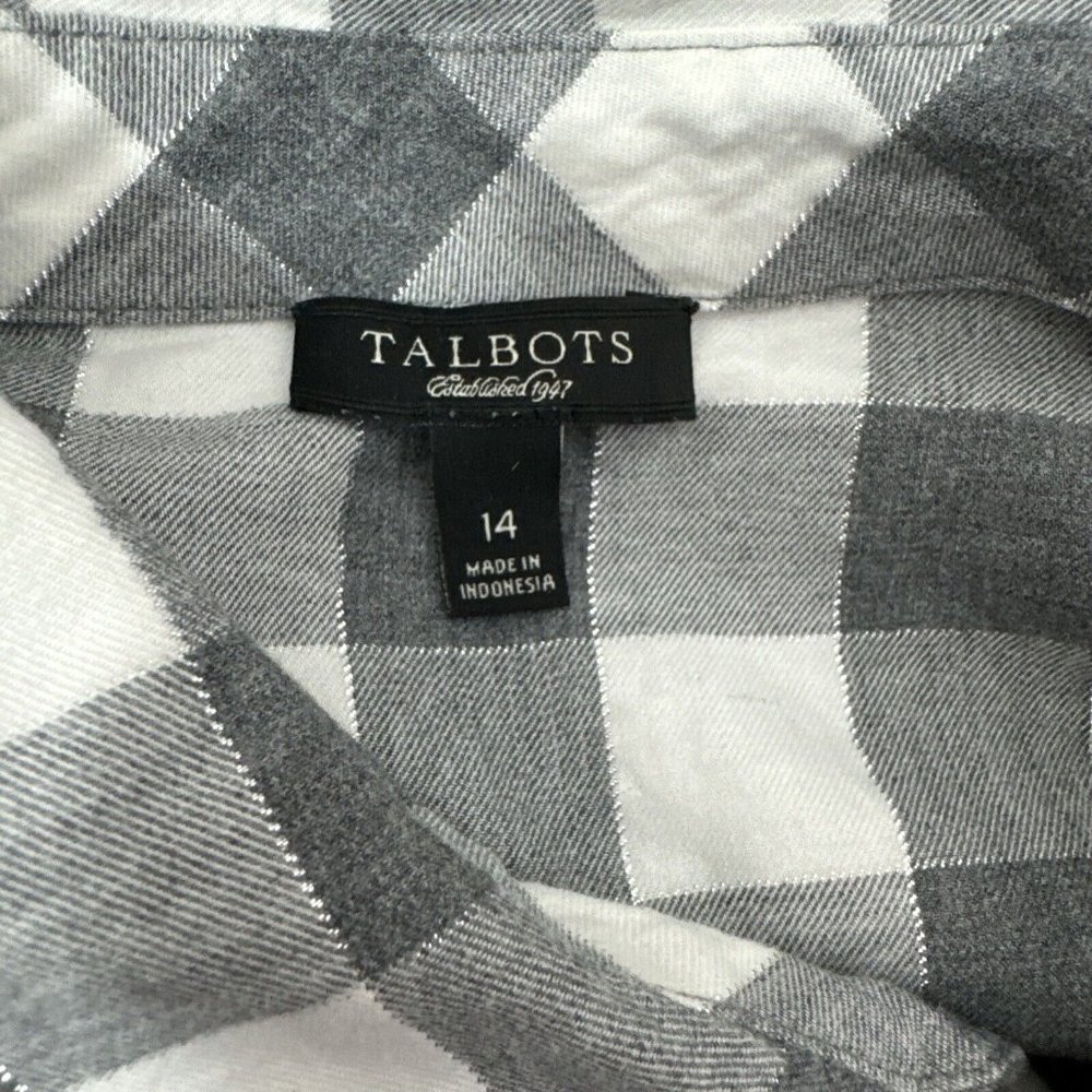 Talbots Checked Pattern Ruffle Button Front Shirt Gray White sz 14 - Picture 7 of 7